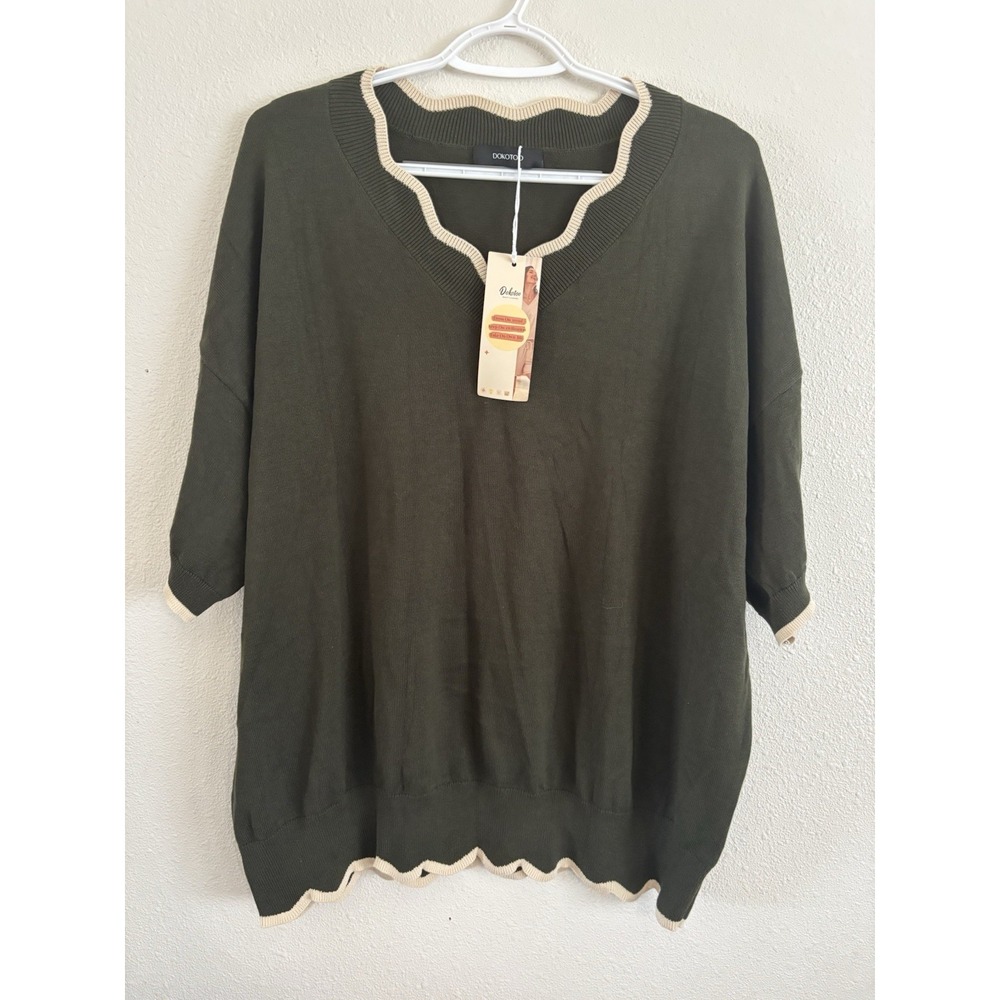 Dokotoo Women's 2XL Olive Green 100% Cotton Scallop Trim Knit Sweater NWT